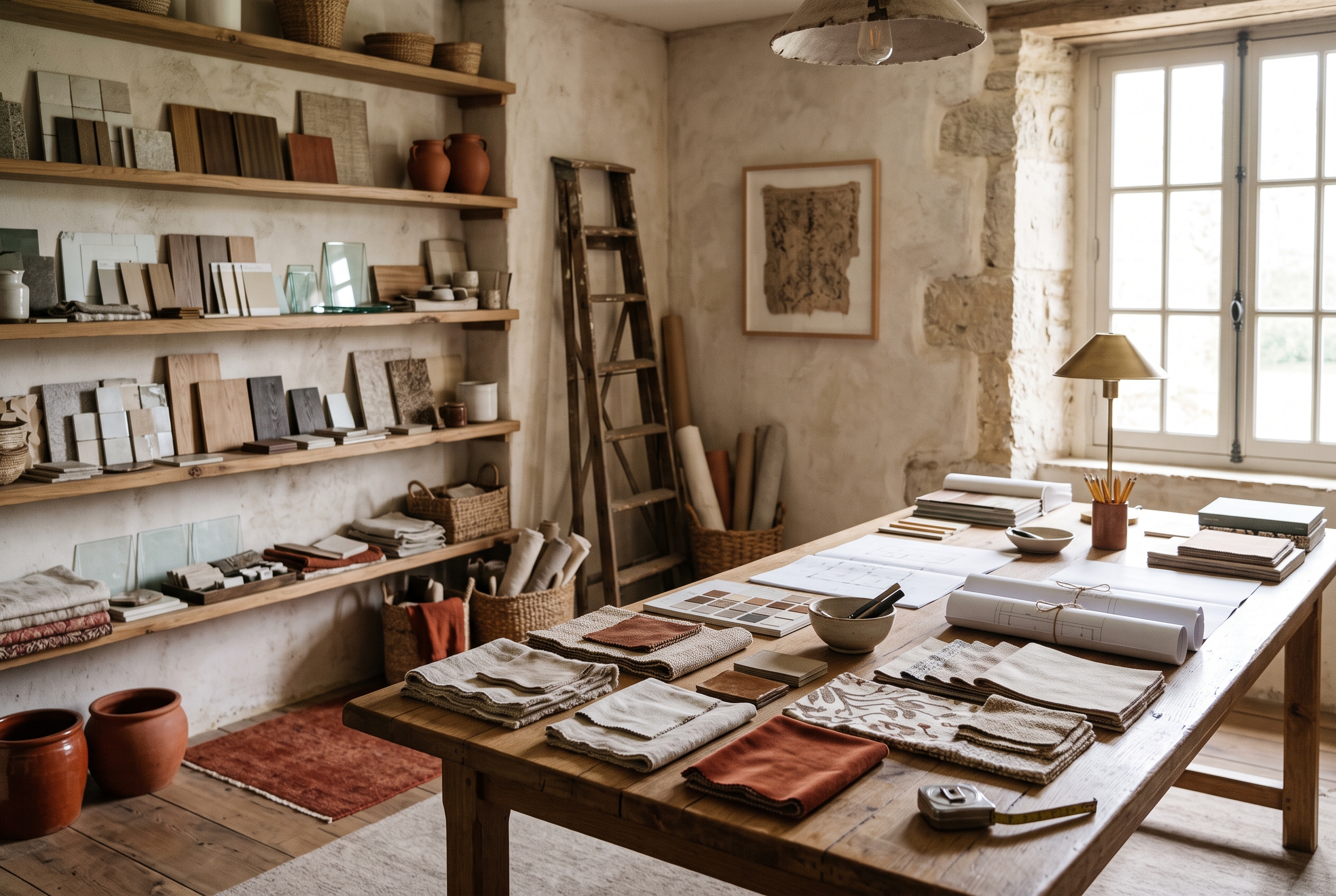 Atelier de Maison Tessa à Remich : plans, échantillons et table en chêne