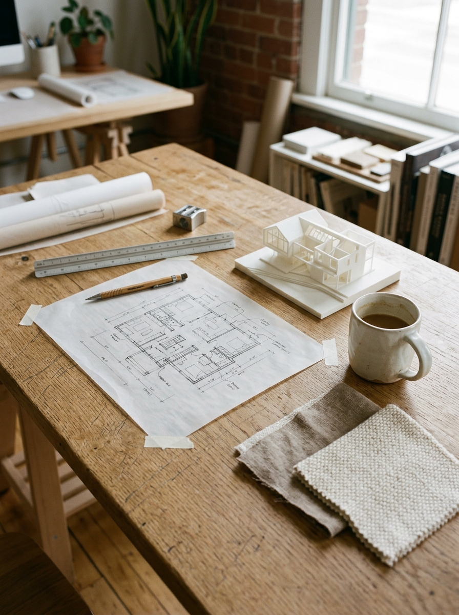 Plan d'architecte d'intérieur dessiné à la main sur calque, atelier Maison Tessa
