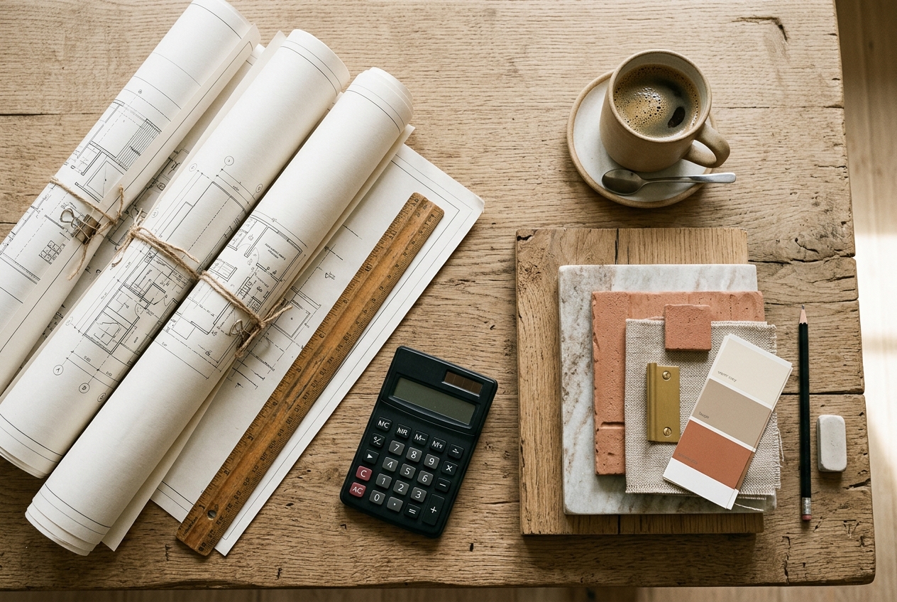Plans roulés, échantillons et calculatrice sur une table en chêne