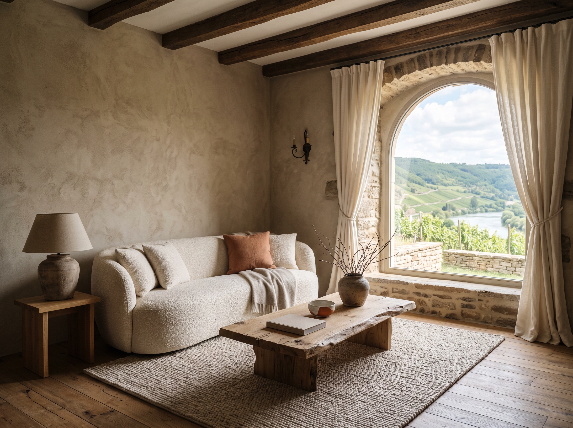 Salon en enduit à la chaux avec poutre en chêne et fenêtre cintrée ouverte sur les coteaux de la Moselle, réalisé par Maison Tessa