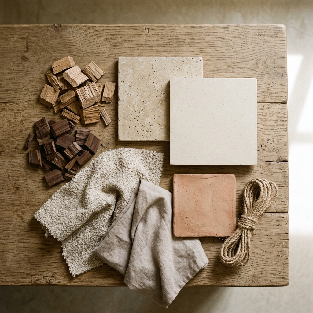 Échantillons de bois, pierre et textiles