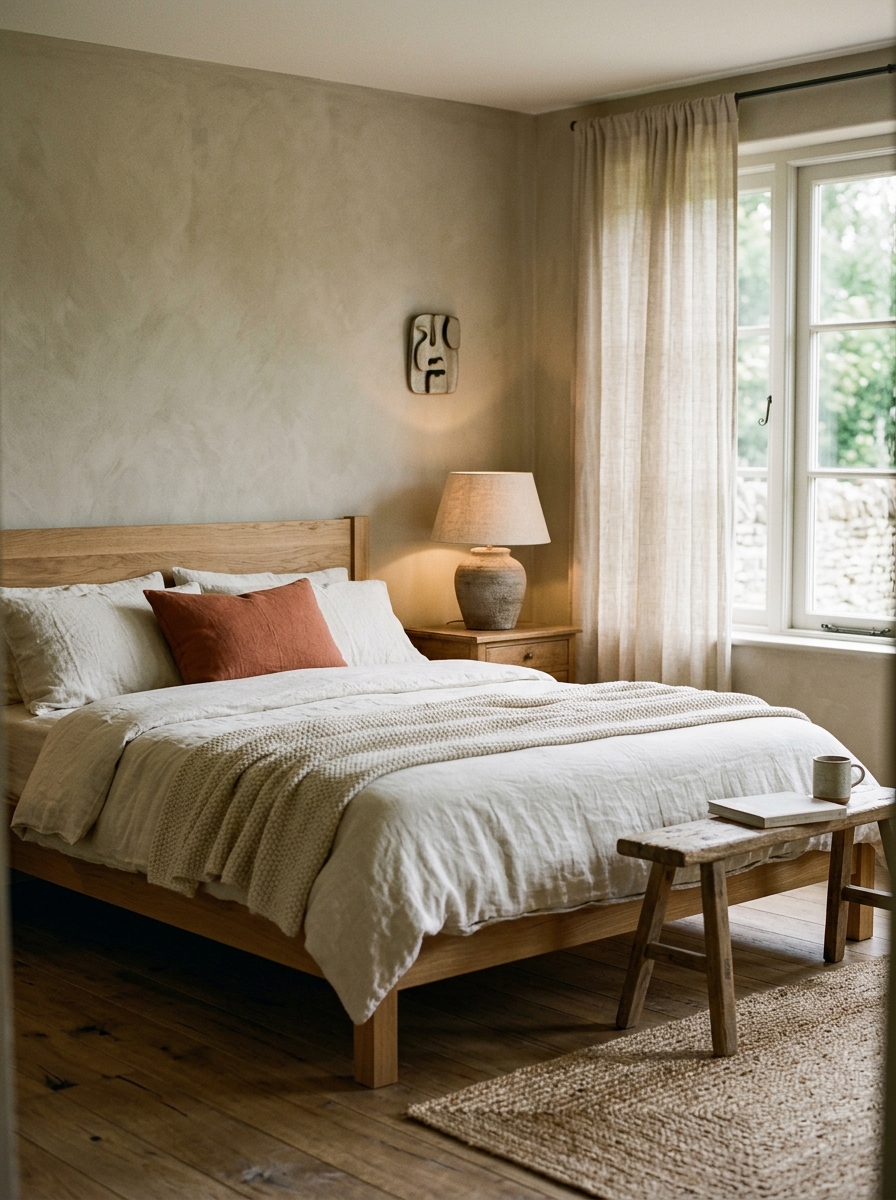 Chambre aux murs en chaux avec literie en lin ivoire