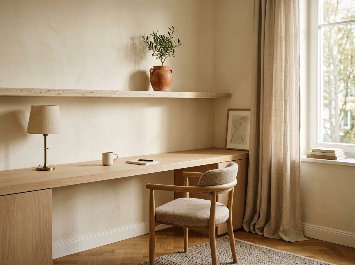 Bureau à domicile avec plan de travail intégré en chêne clair