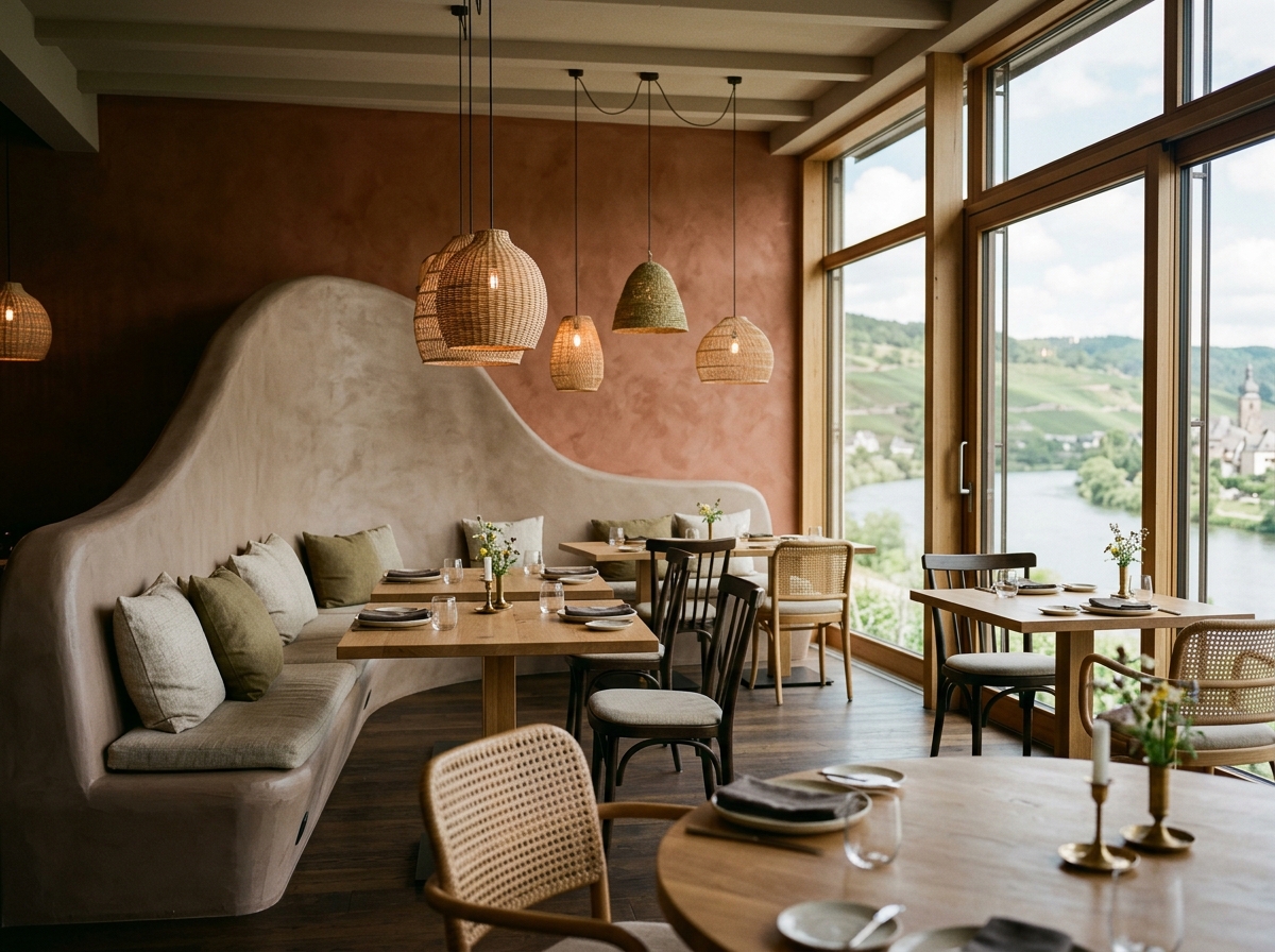 Salle de restaurant avec banquette courbe et tables en chêne