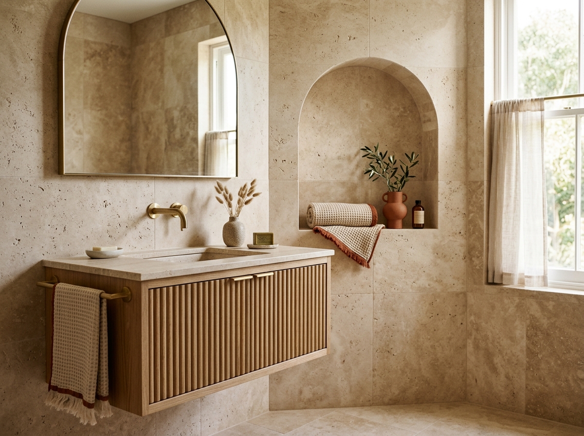 Salle de bain en travertin adouci avec meuble en chêne massif