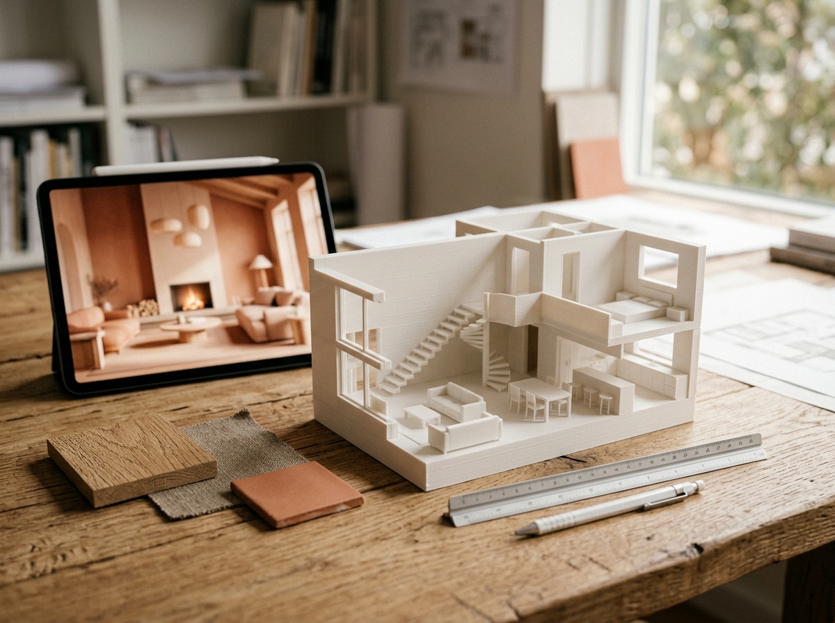 Maquette physique blanche et rendu 3D photoréaliste posés sur une table en chêne